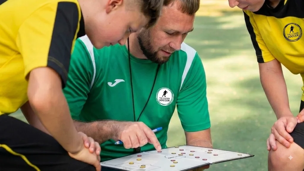 Entrenador explicando la metodología cognitiva en el fútbol con una pizarra táctica a dos jugadores jóvenes