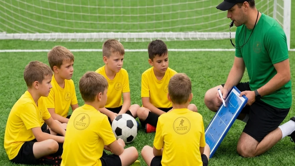 Sesión grupal de metodología cognitiva en el fútbol donde el entrenador explica una jugada al equipo